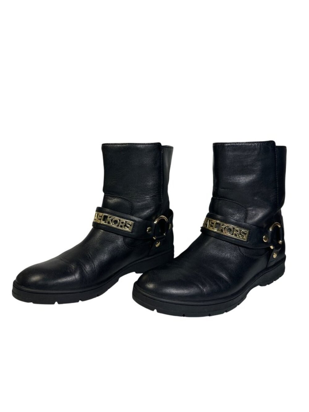 MICHAEL KORS ESSEX ICONIC BLACK GOLD LOGO MOTO BIKER BOOTS Size 7M - Picture 3 of 13